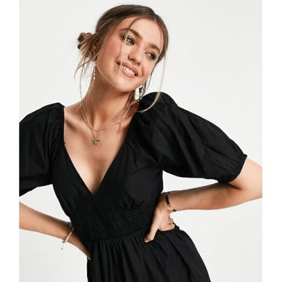 ASOS DESIGN shirred waist broderie insert maxi dress in Black US 6 - Picture 3 of 7